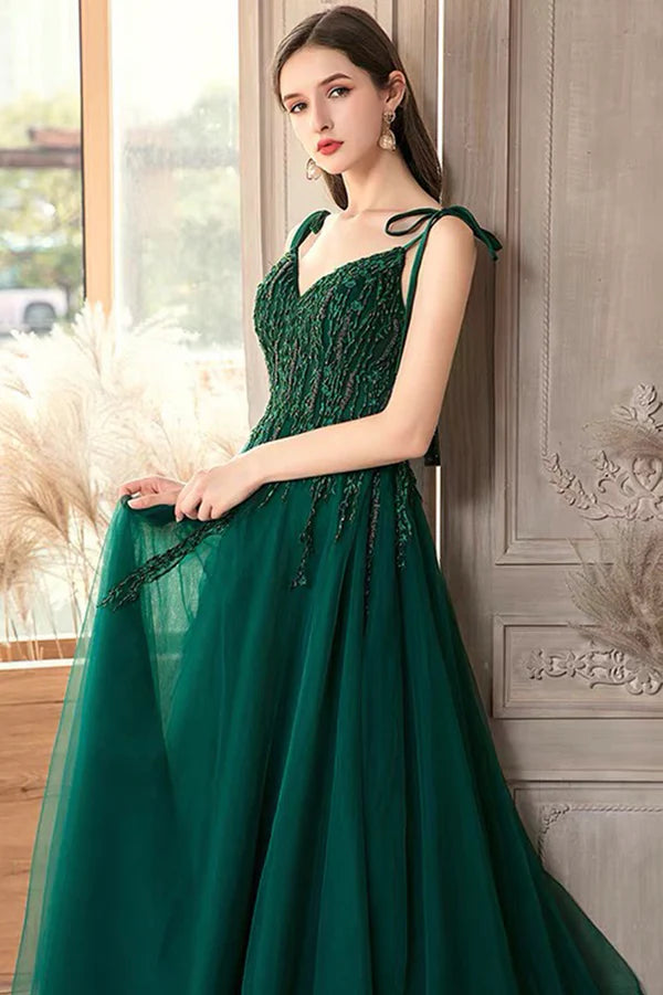 Green V-Neck Tulle Long A-Line Prom Dress Lace Evening Party Dress